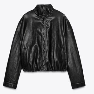 Zara Black Leather Bomber Jacket